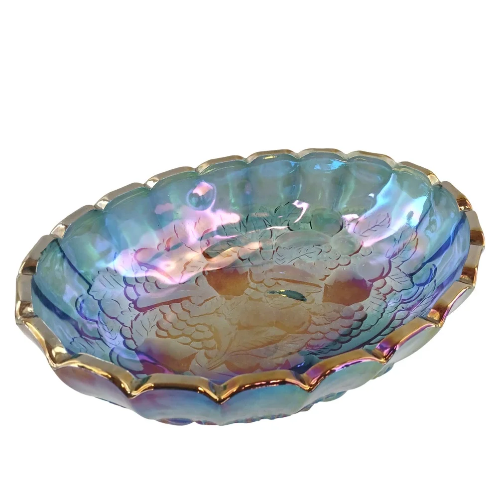 Vintage Iridescent Carnival Glass Bowl Gold Rim Decorative Footed Fruit Bowl